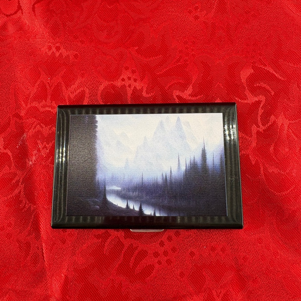 Vtg Metal RFID Accordion Card Case Wallet Black Mountain Landscape Graphic OS